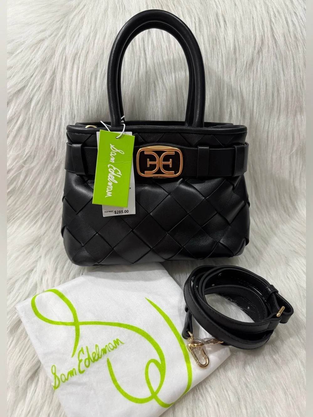 Sam Edelman Cleo Basket Weave Mini Satchel Tote Bag Black Gold Hardware NWT